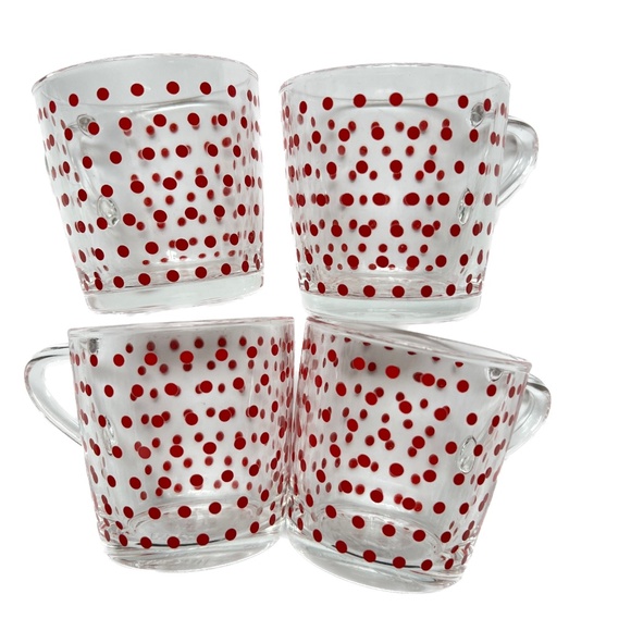 Lot 4 IKEA Mugs Red Polka Dots 2 1/2" Glass Espresso Made In France Clear 18314 - Picture 1 of 5